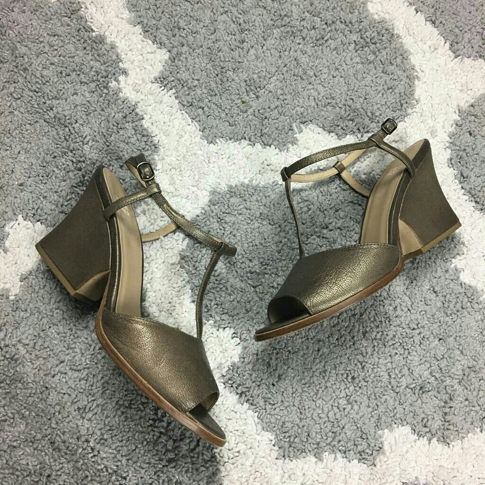 Eileen Fisher | Bronze Metallic Ankle Strap Wedge Heel Sandals, 10